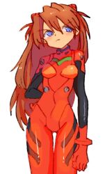 Rule 34 | 1girl, blue eyes, bodysuit, breasts, brown hair, hair ornament, highres, interface headset, long hair, looking to the side, neon genesis evangelion, plugsuit, red bodysuit, simple background, small breasts, solo, souryuu asuka langley, standing, szk5355, very long hair, wide hips