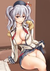 Rule 34 | 10s, 1girl, akatsuki akane, beret, breasts, clothes lift, epaulettes, frilled sleeves, frills, gloves, grey eyes, groin, hat, highres, kantai collection, kashima (kancolle), large breasts, looking at viewer, military, military uniform, no bra, no panties, open clothes, open shirt, pleated skirt, shiny skin, shirt, silver hair, sitting, skirt, skirt lift, solo, sweat, tsurime, twintails, twitter username, uniform, wavy hair, white gloves