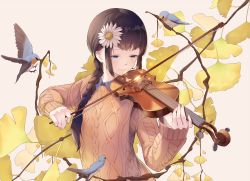 Rule 34 | 1girl, animal, autumn leaves, bird, black hair, blue hair, blush, braid, brown sweater, closed mouth, commentary request, duoyu zhuan qing, artistic error, flower, ginkgo tree, ginkgo leaf, hair flower, hair ornament, hair over shoulder, instrument, leaf, long hair, long sleeves, music, original, partial commentary, pink background, playing instrument, ribbed sweater, sidelocks, simple background, single braid, smile, solo, sweater, upper body, violin, white flower