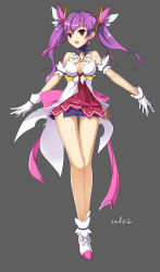 Rule 34 | 1girl, aisha landar, artist name, bad id, bad pixiv id, bare legs, bow, detached collar, dimension witch (elsword), elsword, full body, gloves, grey background, highres, long hair, no nose, pink bow, purple eyes, purple hair, purple skirt, shoes, skirt, smile, solo, swd3e2, thigh gap, twintails