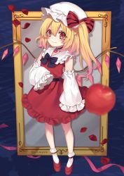 Rule 34 | 1girl, alternate costume, apple, arm at side, black bow, black bowtie, black choker, blonde hair, blush, bow, bowtie, choker, closed mouth, commentary request, crystal, dress, eyelashes, flandre scarlet, food, frilled shirt collar, frilled sleeves, frills, fruit, full body, hat, hat bow, heart, highres, kyouda suzuka, long sleeves, looking at viewer, mob cap, one side up, petals, picture frame, red bow, red dress, red footwear, rose petals, short hair, side ponytail, smile, socks, solo, standing, striped, striped bow, touhou, white hat, white socks, wings