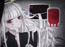 Rule 34 | 1girl, baggy clothes, bags under eyes, bandages, bandaid, black shirt, blood, blood bag, cardiogram, crazy, ear piercing, earrings, halo, highres, intravenous drip, jewelry, nail polish, original, pale skin, piercing, red eyes, shirt, solo, szr71, white hair, wire, yami kawaii