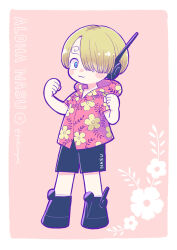 Rule 34 | 1boy, :3, aged down, artist name, black footwear, black shorts, blonde hair, blue eyes, blush, boots, clenched hand, commentary, curly eyebrows, eeyasu (samarian), floral print, full body, hair over one eye, hands up, hawaiian shirt, hawaiian text, headphones, hood, jacket, long bangs, male focus, one piece, pink background, sanji (one piece), science fiction, shirt, shoes, short hair, shorts, simple background, twitter username