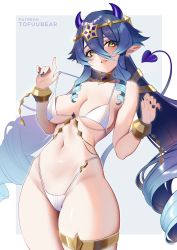 Rule 34 | 1girl, absurdres, bikini, blue hair, blush, breasts, cowboy shot, demon girl, demon horns, demon tail, drill hair, genshin impact, grey background, hair between eyes, hands up, highres, horns, large breasts, layla (genshin impact), long hair, nail polish, navel, parted lips, patreon username, pointy ears, simple background, solo, swimsuit, tail, thighlet, tofuubear, topless, white bikini, yellow eyes