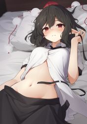 Rule 34 | 1girl, black hair, black pants, black ribbon, blush, closed mouth, collared shirt, commentary request, cowboy shot, groin, hat, head on pillow, highres, indoors, kanpa (campagne 9), looking at viewer, medium hair, navel, on bed, pants, partially unbuttoned, pointy ears, pom pom (clothes), red eyes, red hat, ribbon, shameimaru aya, shirt, short sleeves, solo, stomach, tokin hat, touhou, unworn ribbon, white shirt