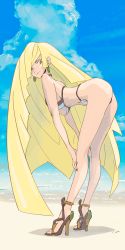 Rule 34 | 1girl, absurdres, arm support, ass, beach, bent over, bikini, blonde hair, breasts, cloud, creatures (company), day, earrings, full body, game freak, green eyes, high heels, highres, jewelry, leaning forward, long hair, looking at viewer, lusamine (pokemon), mature female, medium breasts, navel, nintendo, pokemon, pokemon sm, sideboob, sky, smile, solo, standing, summer, swimsuit, tombiiwa, very long hair, water