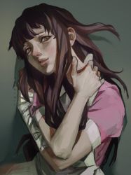 Rule 34 | 1girl, apron, artist name, bandaged arm, bandaged hand, bandages, brown eyes, brown hair, commentary, crossed arms, danganronpa (series), danganronpa 2: goodbye despair, grey apron, grey background, hands up, highres, hvmbrgrr, long hair, parted lips, pink shirt, puffy short sleeves, puffy sleeves, shirt, short sleeves, simple background, symbol-only commentary, tsumiki mikan