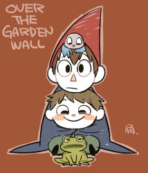 Rule 34 | 1girl, 2boys, beatrice (over the garden wall), bird, brothers, copyright name, frog, frog (over the garden wall), gregory (over the garden wall), half-brothers, half-siblings, hat, multiple boys, over the garden wall, red background, siblings, simple background, sitting, tsunoji, wirt (over the garden wall)