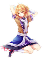 Rule 34 | 1girl, adjusting hair, arm warmers, arms behind head, arms up, bad id, bad pixiv id, blonde hair, full body, green eyes, holding, holding own hair, japanese clothes, kneeling, looking at viewer, mizuhashi parsee, pointy ears, rubber band, sash, scarf, short hair, short sleeves, solo, touhou, tsurime, tying hair, white background, white scarf, yuli (yulipo)