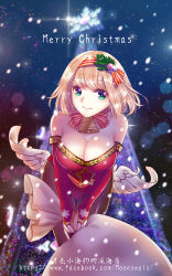 Rule 34 | 1girl, aqua eyes, bare shoulders, bell, blonde hair, bow, breasts, bridal gauntlets, christmas, christmas lights, cleavage, english text, feathered wings, hairband, highres, large breasts, leaning forward, lens flare, leotard, low wings, merry christmas, night, original, pantyhose, red leotard, sack, short hair, smile, snowflake print, snowing, solo, striped, striped bow, underbust, watermark, web address, wings, yueliang xiao haibao
