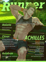 Rule 34 | 1boy, abs, absurdres, achilles (fate), armpit hair, armpits, bara, bare pectorals, bare shoulders, bench, black shorts, black tank top, bulge, chiizu namasu, clothes lift, english text, erection, erection under clothes, fate/grand order, fate (series), green hair, hand on own neck, highres, huge filesize, lifted by self, male focus, muscular, muscular male, navel, navel hair, nipples, paid reward available, pectorals, paid reward available, shirt lift, short hair, shorts, sideburns, sitting, smirk, solo, stomach, sweat, tank top, undercut