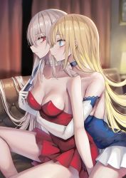 Rule 34 | 2girls, absurdres, bare arms, bare shoulders, black choker, blonde hair, blue dress, blue eyes, blush, breasts, choker, cleavage, collarbone, couch, dress, expressionless, eye contact, eyebrows hidden by hair, grey hair, hair between eyes, highres, holding, holding knife, hug, hug from behind, indoors, knife, looking at another, medium breasts, multiple girls, neck, original, piripun, red dress, red eyes, short dress, sitting, strapless, strapless dress, thighs, threatening, yuri