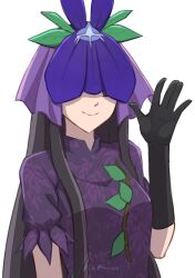 Rule 34 | 1girl, absurdres, black gloves, black hair, breasts, china dress, chinese clothes, covered eyes, dress, elbow gloves, flower, flower on head, gloves, hand up, highres, long hair, medium breasts, purple dress, purple eyes, purple flower, restra25, sidelocks, simple background, smile, solo, touhou, upper body, vine print, white background, yomotsu hisami
