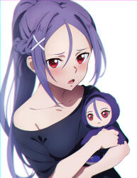 Rule 34 | 1girl, bare shoulders, doll, hair ornament, hairclip, high ponytail, highres, holding, holding doll, long hair, looking at viewer, mito (sao), nuguri444, off shoulder, open mouth, purple hair, red eyes, single bare shoulder, single off shoulder, sword art online, sword art online progressive, white background