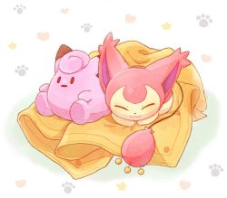 Rule 34 | :3, blanket, cat, cat day, character doll, clefairy, closed mouth, creatures (company), closed eyes, game freak, gen 1 pokemon, gen 3 pokemon, heart, lying, nintendo, no humans, on stomach, paw print, paw print background, pokemon, pokemon (creature), skitty, sleeping, smile, star (symbol), yuki sane49