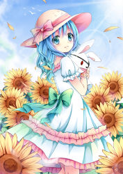 Rule 34 | 1girl, blue eyes, blue hair, bow, date a live, day, dress, flower, from side, green bow, gyaza, hair between eyes, hat, hat ribbon, lens flare, long hair, outdoors, pink ribbon, ribbon, short sleeves, solo, standing, straw hat, sun hat, sundress, sunflower, sunlight, white dress, yellow flower, yoshino (date a live), yoshinon