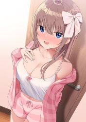 Rule 34 | 1girl, blue eyes, blush, breasts, brown hair, camisole, cleavage, collarbone, commentary request, door, doorway, embarrassed, from above, hair between eyes, hair ribbon, large breasts, long hair, long sleeves, looking at viewer, loungewear, nekokobushi, off shoulder, original, pink shorts, pink sweater, ribbon, shorts, sidelocks, smile, solo, standing, sweat, sweater, white camisole, wooden floor