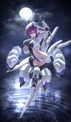 Rule 34 | 1girl, absurdres, alice gear aegis, arms up, breasts, building, butt crack, closed mouth, cloud, cloudy sky, highres, itaco, large breasts, long hair, looking at viewer, mecha musume, moon, nikotama mai, purple eyes, purple hair, ripples, sky, solo