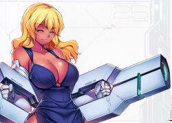 Rule 34 | 1girl, absurdres, bare shoulders, blonde hair, blush, breasts, character name, cleavage, collarbone, dark, dark skin, dark-skinned female, dress, dual wielding, elbow gloves, closed eyes, female focus, freezing (series), gloves, highres, holding, huge filesize, isabella luca, isabella lucas, kim kwang hyun, large breasts, lips, lipstick, long hair, makeup, official art, scan, smile, solo, tan, weapon