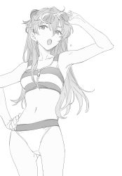 Rule 34 | 1girl, artist request, bikini, breasts, cowboy shot, greyscale, hairpods, hand on own hip, highleg, long hair, looking at viewer, medium breasts, monochrome, navel, neon genesis evangelion, open mouth, solo, souryuu asuka langley, standing, striped bikini, striped bikini top, striped clothes, swimsuit, tsundere, twintails, two side up, very long hair