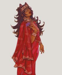 Rule 34 | 1girl, amazigh clothes, animal ears, artist name, dehya (genshin impact), dress, facial tattoo, flower, genshin impact, hair ears, highres, holding, holding flower, jewelry, lips, long hair, lunannex, multiple rings, open mouth, red dress, red lips, ring, simple background, solo, tattoo, tattoo on chin, white background