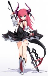 Rule 34 | 10s, 1girl, armpits, black dress, boots, dragon girl, dragon tail, dress, elizabeth bathory (fate), elizabeth bathory (fate/extra ccc), elizabeth bathory (first ascension) (fate), fate/extra, fate/grand order, fate (series), flat chest, frills, full body, green eyes, highres, horns, karukan (monjya), long hair, looking at viewer, polearm, red hair, shadow, smile, solo, spear, standing, tail, thigh gap, weapon, white background, white footwear, wrist cuffs