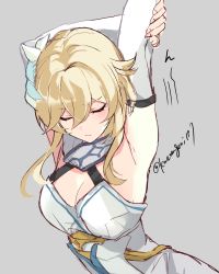 Rule 34 | 1girl, absurdres, armpits, arms up, artist name, blonde hair, breasts, cleavage, closed eyes, dress, flower, genshin impact, grey background, hair between eyes, hair flower, hair ornament, highres, kanengomi, lumine (genshin impact), short hair with long locks, simple background, solo, stretching, white dress, white flower