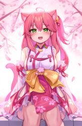 Rule 34 | 1girl, animal ears, bell, breasts, cat ears, cat tail, cherry blossoms, deaver, detached sleeves, green eyes, hair bell, hair between eyes, hair ornament, highres, hololive, japanese clothes, kemonomimi mode, kimono, large breasts, long hair, looking at viewer, open mouth, petals, sakura miko, sakura miko (1st costume), sideboob, sitting, solo, tail, thighs, virtual youtuber, white kimono, x hair ornament