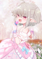 Rule 34 | 1girl, :d, absurdres, ahoge, bare shoulders, blush, candy, collar, dress, fang, food, gloves, grey hair, heart, heart-shaped pupils, highres, jewelry, makaino ririmu, nijisanji, open mouth, petals, pink gloves, pointy ears, purple eyes, ring, ring pop, smile, solo, symbol-shaped pupils, twintails, utsusumi kio, virtual youtuber