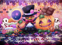 Rule 34 | bow, button eyes, buttons, cake, candy, candy cane, chocolate, chocolate bar, commentary request, cookie, food, fruit, ghost, half-closed eye, halloween, happy halloween, hat, hat ornament, jack-o&#039;-lantern, kirby&#039;s epic yarn, kirby (series), kurosiro, leaf, magician, nintendo, no humans, plant, pumpkin, red bow, red neckwear, squashini, strawberry, tile floor, tiles, top hat, typo, vines, watermark