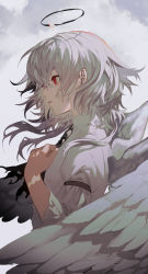 Rule 34 | 1girl, absurdres, angel, angel wings, cloud, facing to the side, feathered wings, grey hair, hair between eyes, halo, hand on own chest, highres, iwai ku tsuki, medium hair, original, red eyes, shirt, solo, white shirt, wings