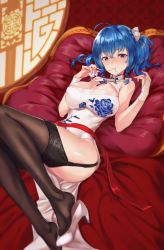 Rule 34 | 124, 1girl, ahoge, alternate costume, ass, azur lane, bare arms, bare shoulders, blue hair, blush, bottle, bow, braid, breasts, china dress, chinese clothes, cleavage, dress, elbow gloves, feet, floral print, garter straps, gloves, hair between eyes, hair bow, hair ribbon, high heels, highres, holding, holding bottle, large breasts, long hair, looking at viewer, lying, mouth hold, on back, pillow, ponytail, pouring, purple eyes, ribbon, ribbon in mouth, shiny skin, shoes, side braid, side slit, sidelocks, single shoe, sitting, skindentation, smile, solo, st. louis (azur lane), st. louis (blue and white pottery) (azur lane), thighhighs, thighs, twin braids, white bow, white footwear, white gloves, white ribbon, white thighhighs