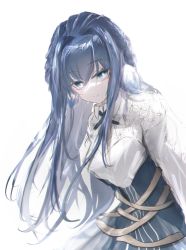 Rule 34 | 1girl, arknights, astesia (arknights), blue dress, blue eyes, blue hair, blue necktie, braid, breasts, bright pupils, collared dress, cross tie, diamond-shaped pupils, diamond (shape), dress, highres, long hair, looking at viewer, mebe (teadia violet), necktie, simple background, small breasts, smile, solo, symbol-shaped pupils, two-tone dress, upper body, white background, white dress, white pupils