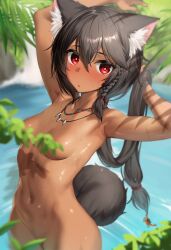 Rule 34 | 1girl, absurdres, animal ear fluff, animal ears, black hair, blush, breasts, completely nude, convenient censoring, crab, dark-skinned female, dark skin, highres, jewelry, long hair, looking at viewer, low ponytail, mathew (srmmk mce), navel, necklace, nude, original, red eyes, small breasts, stomach, sweat, tail, tooth necklace, very long hair, water, wolf ears, wolf girl, wolf tail