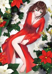 Rule 34 | 1girl, arm support, barefoot, breasts, brown hair, bug, butterfly, cleavage, dress, earrings, flower, from above, full body, green eyes, highres, bug, jewelry, light smile, long hair, long sleeves, looking at viewer, medium breasts, mueririko, nail polish, original, poinsettia, red dress, red nails, solo