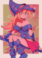 Rule 34 | 1girl, bare shoulders, blonde hair, blue eyes, blue footwear, blush stickers, boots, border, breasts, bright pupils, cleavage, closed mouth, collarbone, dark magician girl, detached sleeves, dot nose, duel monster, eyelashes, hat, highres, long hair, medium breasts, menma (enaic31), pentagram, sitting, solo, staff, staff riding, twitter username, white border, white pupils, wizard hat, yu-gi-oh!, zoom layer
