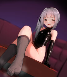 Rule 34 | 1girl, black gloves, black leotard, black socks, blurry, blurry background, blush, breasts, brown eyes, crossed legs, dominatrix, elbow gloves, gloves, grey hair, grey ribbon, hair ribbon, highleg, highleg leotard, highres, kantai collection, kasumi (kancolle), katsuten, latex, latex gloves, latex leotard, leotard, long hair, looking at viewer, open mouth, ribbon, side ponytail, sitting, small breasts, socks, soles, solo