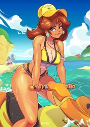 Rule 34 | 1girl, 1other, beach, bikini, birds, blue eyes, blue sky, breasts, brown hair, cleavage, earrings, fish, flower earrings, flying, grand-sage, hat, highres, jewelry, large breasts, legs, lifeguard, looking at viewer, mario (series), motor vehicle, mushroom, nail polish, nintendo, palm tree, pianta, princess daisy, shiny skin, sitting, sky, super mario bros. 1, super mario land, super mario sunshine, swimsuit, tan, tanline, thick thighs, thighs, tomboy, tree, water, wet, whistle, whistle around neck