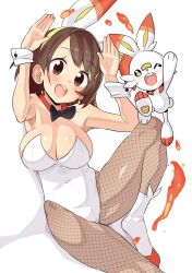Rule 34 | 1girl, animal ears, bad id, bad pixiv id, black bow, black bowtie, bob cut, bow, bowtie, breasts, brown eyes, brown hair, brown pantyhose, cleavage, commentary request, creatures (company), detached collar, fishnet pantyhose, fishnets, game freak, gen 8 pokemon, gloria (pokemon), highres, leotard, medium breasts, nintendo, open mouth, pantyhose, playboy bunny, pokemon, pokemon (creature), pokemon swsh, rabbit, rabbit ears, rabbit pose, rabbit tail, round teeth, scorbunny, short hair, socks, tail, teeth, tottotonero, upper teeth only, white socks, wrist cuffs