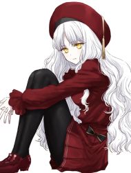 Rule 34 | 1girl, beret, black pantyhose, caren hortensia, caren hortensia (amor caren), caren hortensia (amor caren) (second ascension), closed mouth, fate/grand order, fate (series), hat, long hair, long sleeves, pantyhose, pleated skirt, red footwear, red hat, red skirt, sbs, simple background, sitting, skirt, solo, tassel, very long hair, wavy hair, white background, white hair, yellow eyes