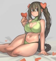 Rule 34 | 1girl, asui tsuyu, bikini, black eyes, black hair, boku no hero academia, braid, breasts, cleavage, cleavage cutout, clothing cutout, commentary, green bikini, grey background, heart, heart cutout, highres, kelvin hiu, looking at viewer, navel, simple background, skindentation, smile, solo, swimsuit, thick thighs, thighs, twin braids