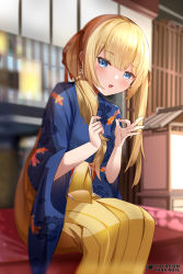Rule 34 | 1girl, animal print, blonde hair, blue eyes, blue kimono, blurry, blurry background, blush, commentary request, depth of field, duplicate, feet out of frame, fish print, floral print, hakama, hakama skirt, hololive, hololive english, indoors, japanese clothes, kimono, long hair, long sleeves, looking at viewer, mujinbensin, ok sign, pixel-perfect duplicate, print kimono, sitting, skirt, solo, twintails, virtual youtuber, watson amelia, watson amelia (new year), wide sleeves, yellow hakama