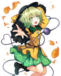 Rule 34 | 1girl, blush, boots, eyeball, floral print, green eyes, green hair, hat, hat ribbon, heart, heart-shaped pupils, heart of string, holding, holding hat, jpeg artifacts, komeiji koishi, long sleeves, looking at viewer, matching hair/eyes, open mouth, outstretched arm, petals, ribbon, shirt, short hair, simple background, skirt, smile, solo, string, symbol-shaped pupils, third eye, touhou, uruu gekka, white background, wide sleeves
