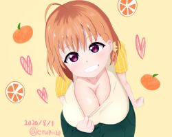 Rule 34 | 10s, 1girl, 2020, ahoge, alternate breast size, artist name, blush, breasts, cleavage, cleavage reach, dated, erupii, female focus, green pants, grin, heart, huge breasts, leaning forward, looking at viewer, love live!, love live! sunshine!!, orange hair, pants, parted lips, red eyes, shirt, short hair, smile, solo, takami chika, teeth, white shirt
