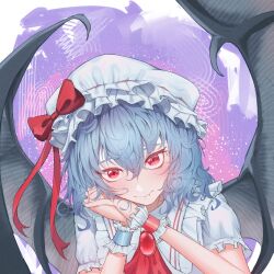 Rule 34 | 1girl, absurdres, bat wings, blue hair, hat, hat ribbon, highres, mob cap, own hands together, red eyes, remilia scarlet, ribbon, solo, touhou, wings, zealh233
