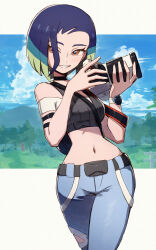 Rule 34 | 1girl, bare shoulders, black choker, blue hair, blue sky, bob cut, breasts, brown eyes, camera, choker, cloud, cloudy sky, collarbone, commentary request, creatures (company), crop top, curvy, day, fence, game freak, gen 2 pokemon, green hair, grin, highres, holding, kuroi susumu, looking at viewer, loose hair strand, medium breasts, midriff, mountain, multicolored hair, nature, navel, nintendo, off-shoulder shirt, off shoulder, pants, perrin (pokemon), pokemon, pokemon sv, shirt, short hair, short sleeves, sky, smile, solo, sudowoodo, tree, wide hips