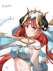 Rule 34 | 1girl, artist name, blue eyes, blush, breasts, commentary request, crop top, fake horns, genshin impact, highres, horns, large breasts, long hair, long sleeves, looking at viewer, midriff, nilou (genshin impact), red hair, signature, simple background, smile, solo, stomach, ticker (kks2ksy), upper body, veil, very long hair, white background