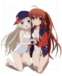 Rule 34 | 2girls, :o, absurdres, ahoge, bare legs, bare shoulders, barefoot, baseball cap, bell, bikini, blonde hair, blue eyes, blush, brown hair, feet, flat chest, hair bell, hair ornament, hat, heart, heart hands, heart hands duo, highres, jacket, kneeling, leaning forward, letterman jacket, little busters!, long hair, multiple girls, natsume rin, navel, noumi kudryavka, official art, one-piece swimsuit, open mouth, parted lips, ponytail, scan, school swimsuit, swimsuit, toes, very long hair, white bikini, white school swimsuit, white one-piece swimsuit