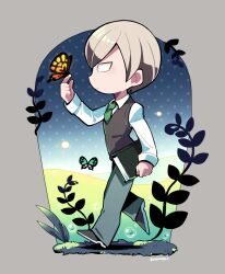 Rule 34 | 1boy, black footwear, black sweater vest, blue butterfly, book, border, bug, butterfly, butterfly on hand, closed mouth, emile (marumaru no shuyaku wa wareware da!), from side, full body, green necktie, grey border, grey hair, grey pants, highres, holding, holding book, insect, kotorai, long sleeves, male focus, marumaru no shuyaku wa wareware da!, necktie, no nose, no pupils, orange butterfly, pants, shirt, short hair, solo, sweater vest, walking, white shirt