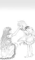 Rule 34 | 2girls, age difference, ahoge, arm behind back, child, closed eyes, closed mouth, couple, dress, frilled dress, frills, futaba anzu, greyscale, hair ribbon, height difference, highres, idolmaster, idolmaster cinderella girls, kiss, kissing hand, long hair, low twintails, maki keigo, monochrome, moroboshi kirari, multiple girls, onee-loli, ribbon, short sleeves, simple background, size difference, sleeveless, squatting, standing, twintails, yuri